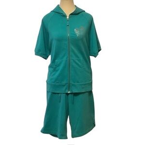 TAPEMEASURE 2 PIECE SET TURQUOISE SHORT SLEEVE ZIP-UP HOODIE & SHORTS/ Size XL